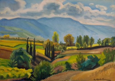 From Crossroads Toward Velina with Background — Oil painting, Canvas, 46.00×65.00cm — Theodoros Markellos